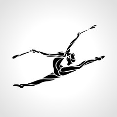 Silhouette of art rhythmic gymnastic girl with clubs