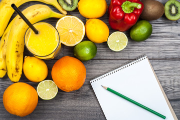 Fitness concept with fruit. Top view background concept. Fitness