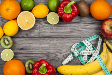 Fitness concept with fruit. Top view background concept. Fitness