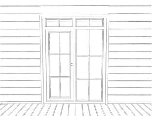 Wooden log house wall sketch with door and window