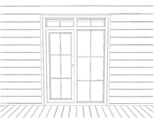 Wooden log house wall sketch with door and window