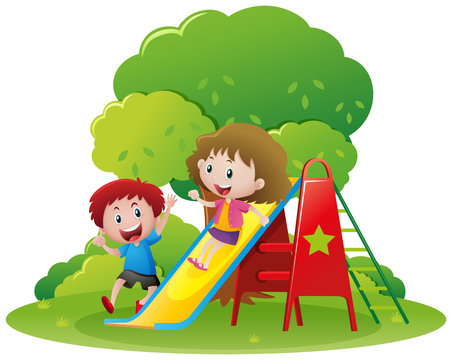 kids playing on red slide in park clip art preview