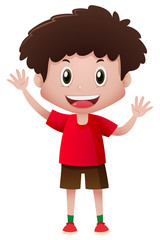 Boy in red shirt waving hands