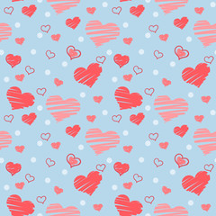Seamless pattern with pink hearts placed randomly on light blue background. Filled with brush strokes and only with outer line.

