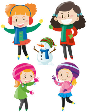 Four girls in colorful winter clothes