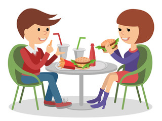 Girl and boy eating fast food. Vector illustration of a people at table with sandwiches drinks.