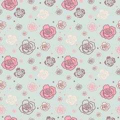 Gentle seamless pattern with big and small roses of different colors. Light blue-grey, pink and beige on light blue background.
