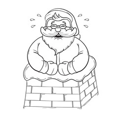Funny cartoon Santa Claus stuck in the chimney and laughs. Black and white outline on a white background for coloring. Vector illustration.
