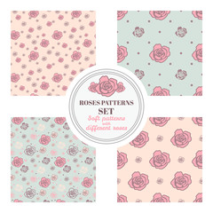 Set of seamless patterns with roses on different backgrounds - pink, beige and blue. Placed randomly and in geometric order.
