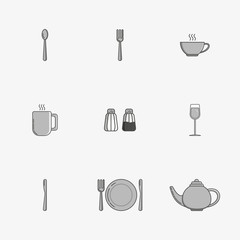 Set of simple icons for utensiles spoon, knife, fork, plate, cup, mug, teapot, salt cellar, pepper pot, wine glass on grey background.
