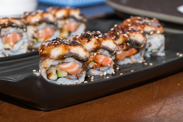 Japanese Unagi Maki Sushi with Foiegras and Mango (Eel Roll)
