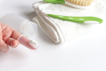 prevention and care children's teeth white background top view