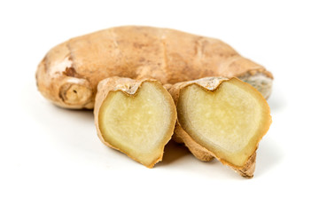 Sliced ginger root with a heart shape isolated on a white background