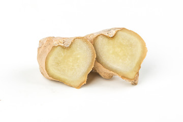 Sliced ginger root with a heart shape isolated on a white background
