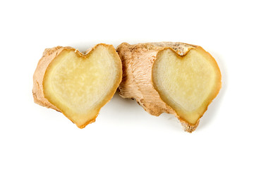 Sliced ginger root with a heart shape isolated on a white background