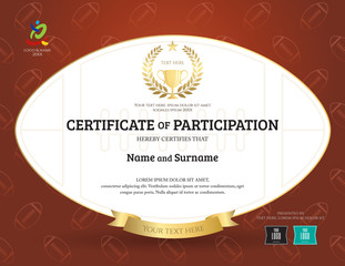 Certificate of participation template in sport theme with rugby shape and brown background
