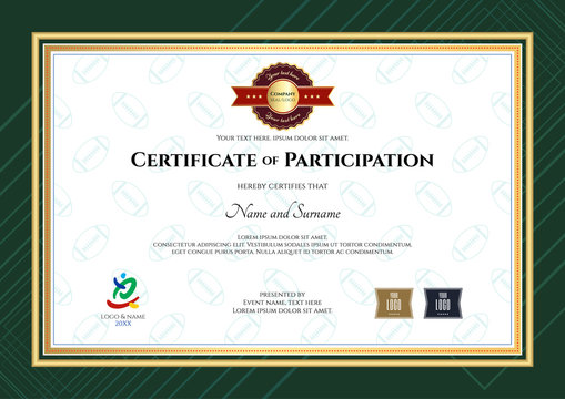 Certificate of participation template in sport theme with rugby background and modern border