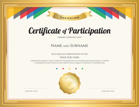 Certificate of participation template with gold border and colorful stripe