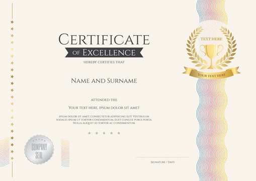 Certificate of excellence template with colorful wave and gold trophy