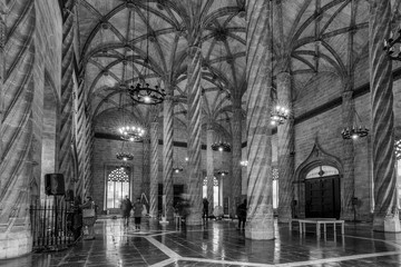 Black and white view of the interior of the famous Lonja de la Seda, Valencia, Spain