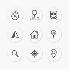 Travel icon set. Location, navigation, searching, transportation. Vector line icons