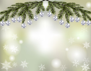 Fototapeta na wymiar Christmas, New Year s card. Shiny silver balls on fir branches on the background of snowflakes. Christmas decorations. illustration