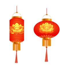 Fototapeta na wymiar A set of orange Chinese Lanterns. Lotus pattern. Round and cylindrical shape. Isolated on white background. illustration