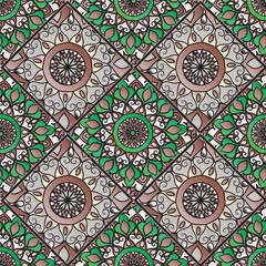 Colorful floral seamless pattern from different rhombus with mandala in patchwork boho chic style, in portuguese and moroccan motif