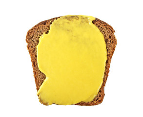 Rye bread slice and mustard isolated on white background