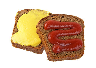 Rye bread slices with mustard and ketchup isolated on white back