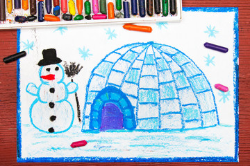 Colorful drawing: Winter landscape, igloo and snowman