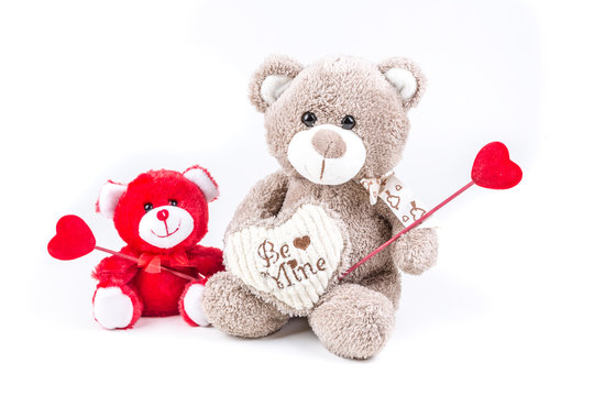 Two valentine bears holding hearts isolated on a white background