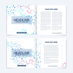 Templates for square brochure. Leaflet cover presentation. Business, science, technology design book layout. Scientific molecule background