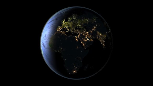 Satellite view of day-night transition above Africa with visible city lights on full planet Earth. Seemless loop