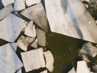 Ice floating on river in spring time. Winter landscape with melting of ice floe. Aerial view.