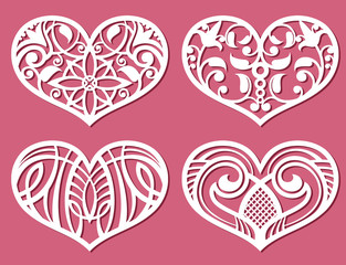 Fototapeta na wymiar Laser printing romantic lacy wedding hearts with carved pattern vector set
