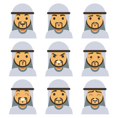 Traditional arab man emotion faces including smiling, sad, winking, laughing, happy face vector set