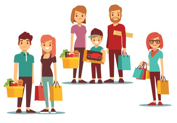 Woman and man going shopping with bags vector people set