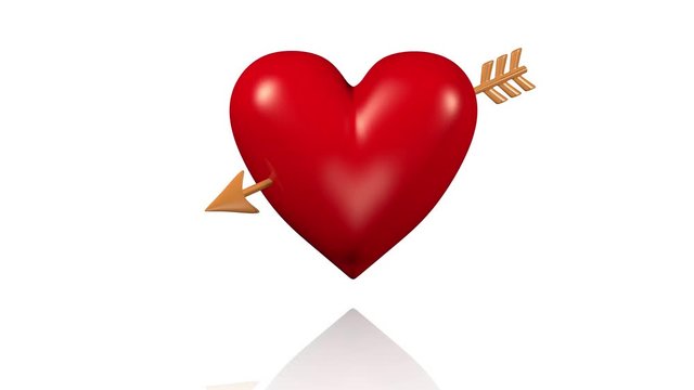 One Big Red Beating Heart with Golden Arrow Passing Through with White Background