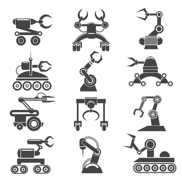 Robot arms icons. Technology factory robot manufacturing elements. Vector illustration