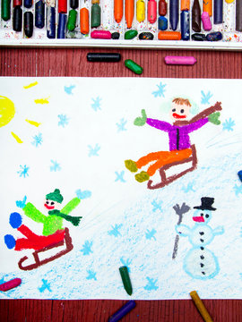 Colorful drawing: children sledding down the hill, winter fun