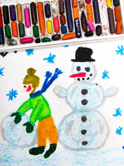 Colorful drawing: Happy child building a snowman, winter time