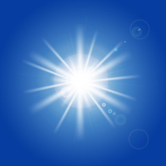 Sun rays and light effects on blue sky. Vector illustration