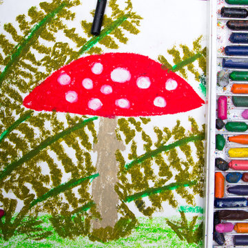 Colorful drawing: Red toadstool in the grass