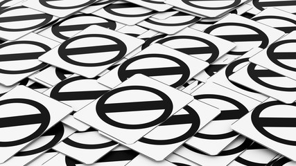 Ordered pile of traffic signs showing a negative sign. This image is a 3d illustration.