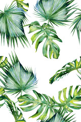 Naklejki  Bezszwowe akwarela ilustracja tropikalnych liści, gęsta dżungla. Malowane ręcznie. Baner z motywem tropikalnym letnim może być używany jako tekstura tła, papier do pakowania, tkanina lub wzór tapety.