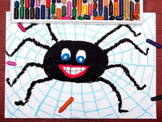 Colorful drawing: Black happy spider and spider's web