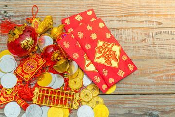 Obraz premium Chinese New Year decoration on wood wall .,Chinese characters te