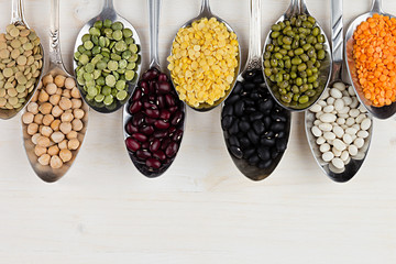 Decorative border of assortment pulses beans in  spoons with copy space on white wood background. Top view, closeup.