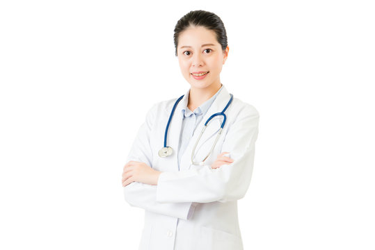 Smiling asian woman doctor with stethoscope cross arms
